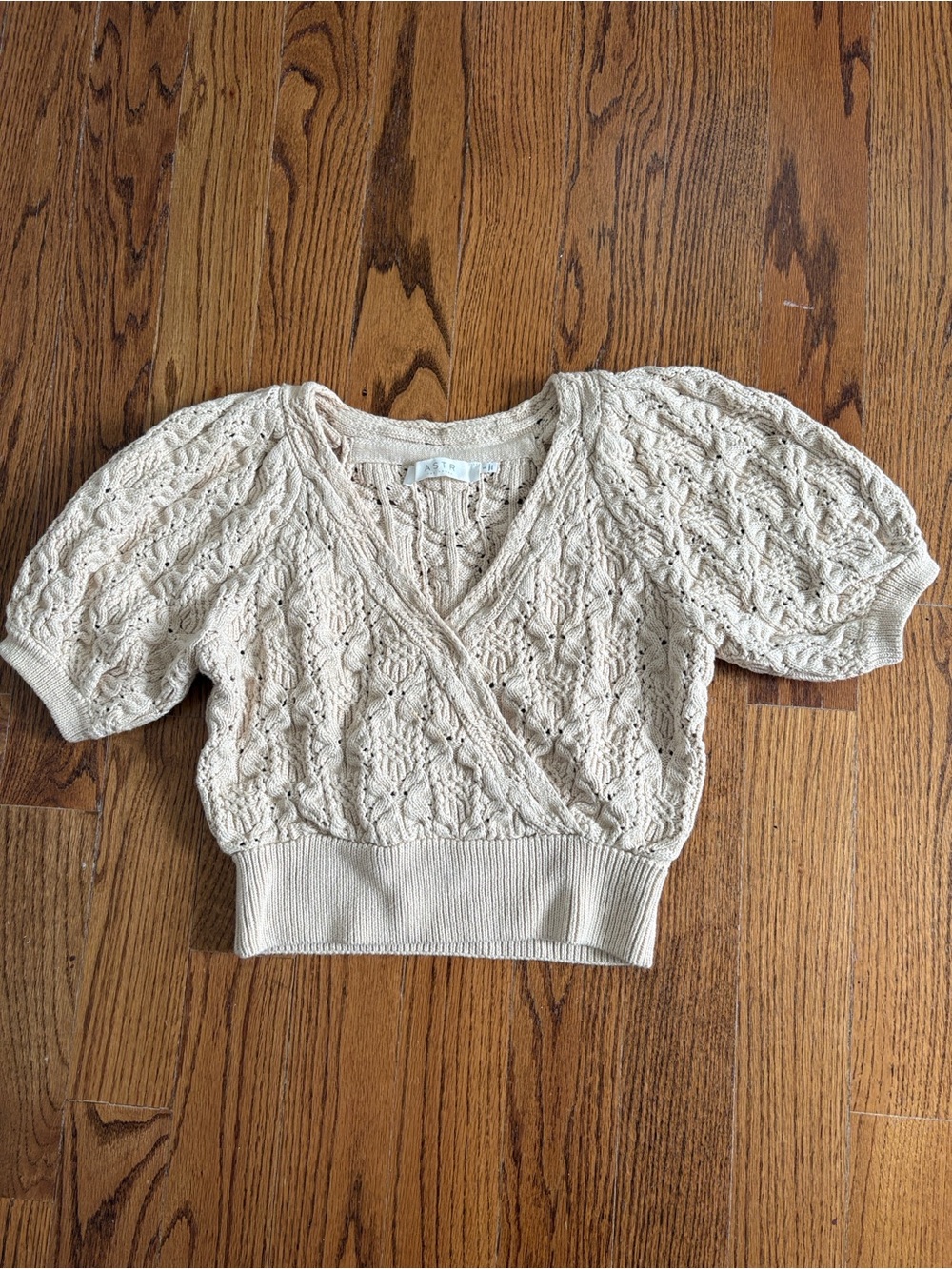 Astr Cropped Cream Knit Wrap-Front Top